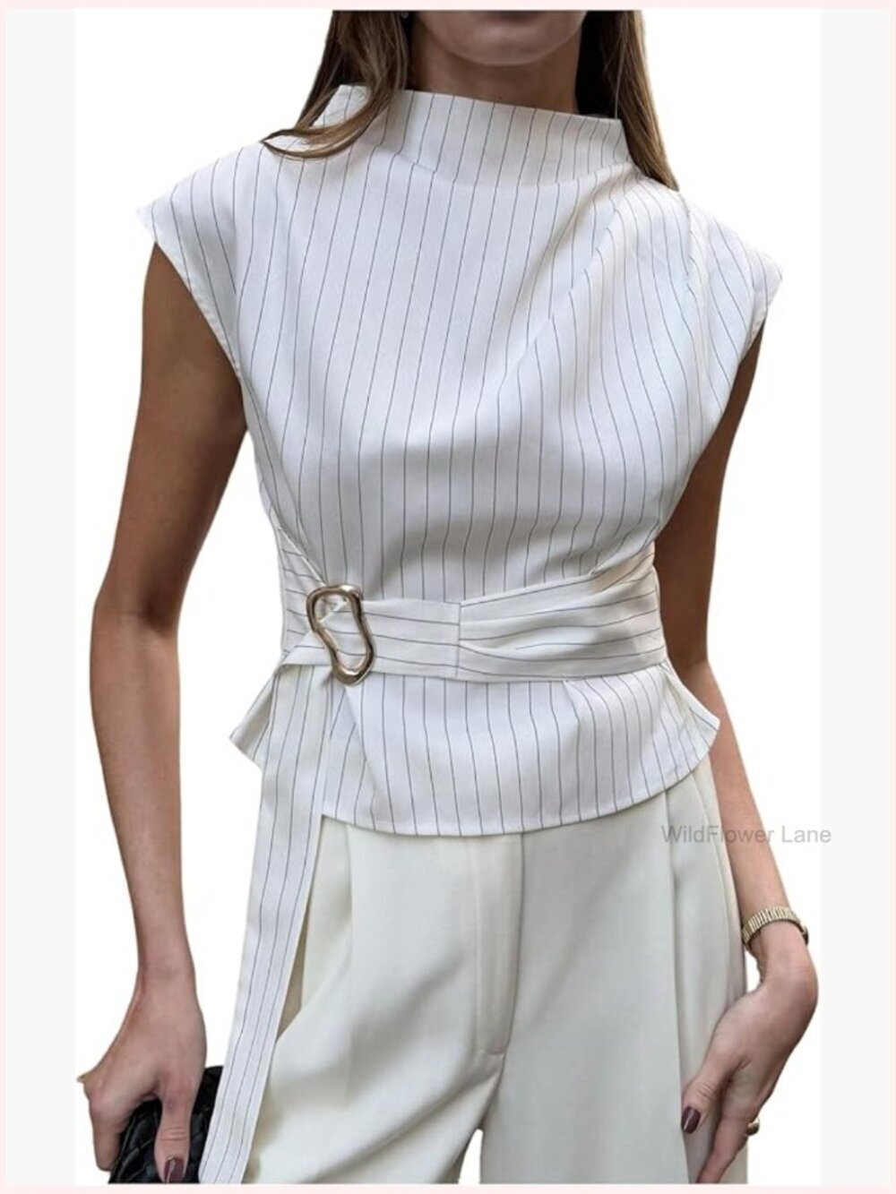 Striped Cap Sleeve Mock Neck Belted Work Blouse Top